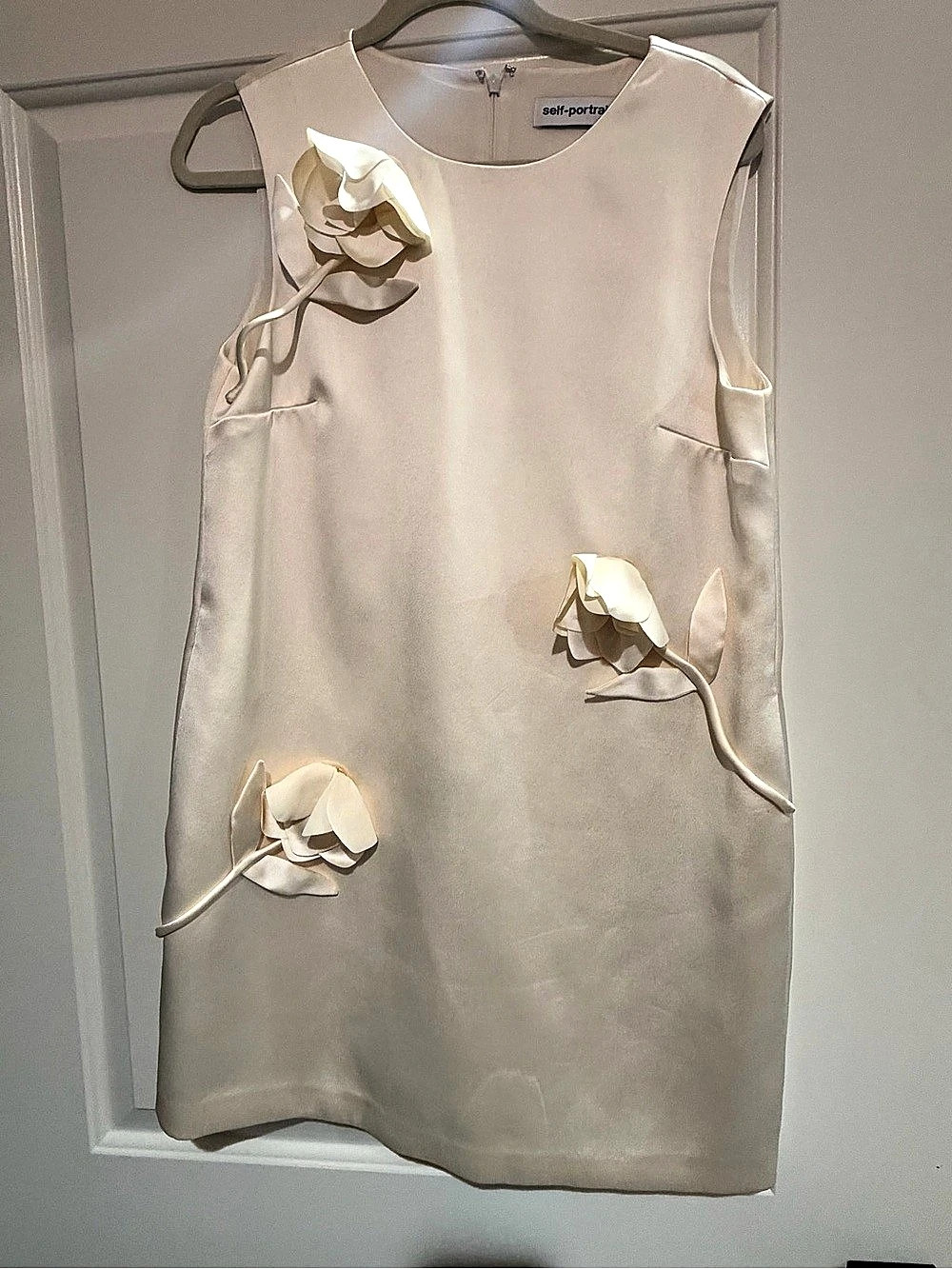 self-portrait 3D Flower Satin Mini Dress Cream UK 2